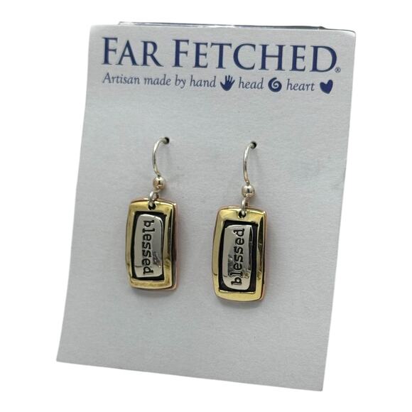 Far Fetched Blessed Dangle Earrings Rectangle Artisan Crafted Stamped Quote - Picture 3 of 6